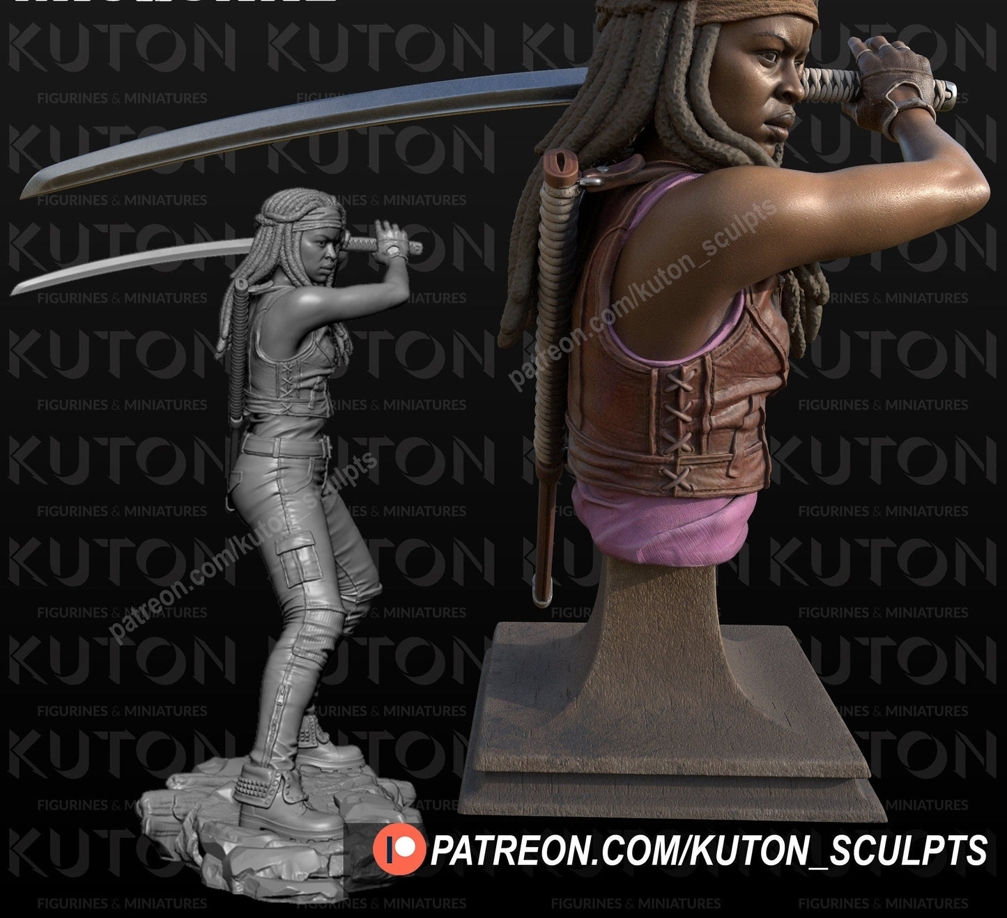 Michonne Hawthorne DIORAMA 3d printed Resin Figure Model Kit miniatures figurines collectibles and scale models UNPAINTED Fun Art by KUTON FIGURINES